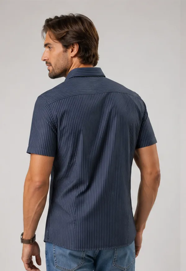 Navy_Blue_Striped_Slim_Fit_Short_Sleeve_Casual_Shirt_For_Men