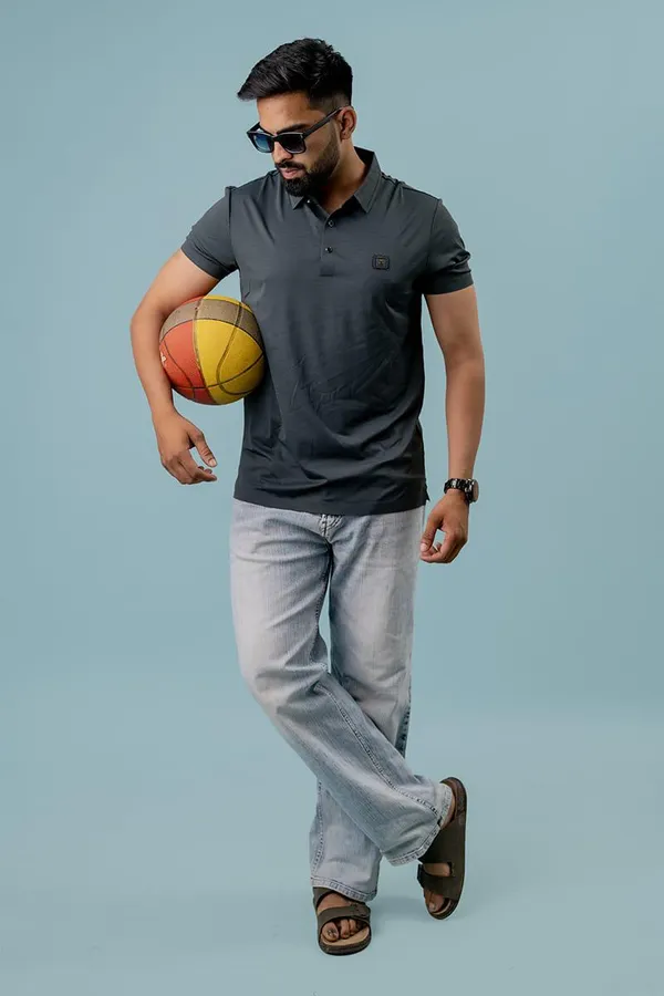Charcoal_Grey_Spandex_Regular_Fit_Polo_T-Shirt_For_Men