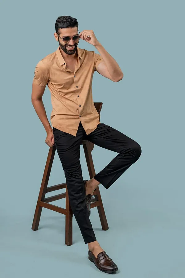 Tan_Cotton_Slim_Fit_Short_Sleeve_Casual_Shirt_For_Men