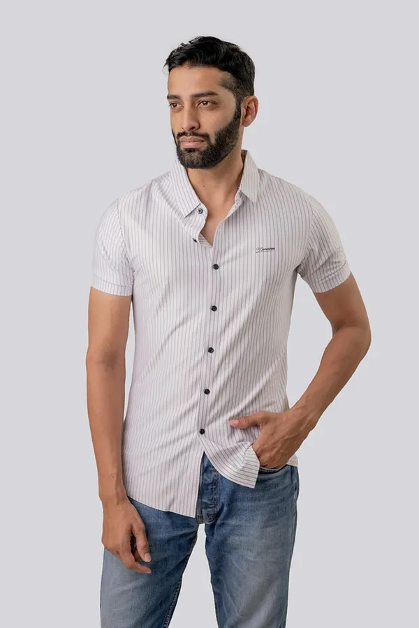 White_Striped_Short_Sleeve_Casual_Shirt_For_Men
