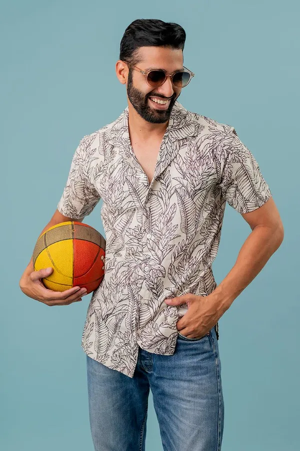 Beige_Tropical_Print_Regular_Fit_Short_Sleeve_Shirt_For_Men