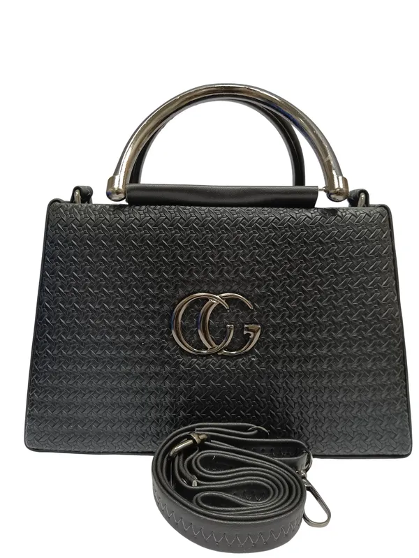 Textured_Black_Handbag_with_Golden_CG_Logo_and_Detachable_Strap