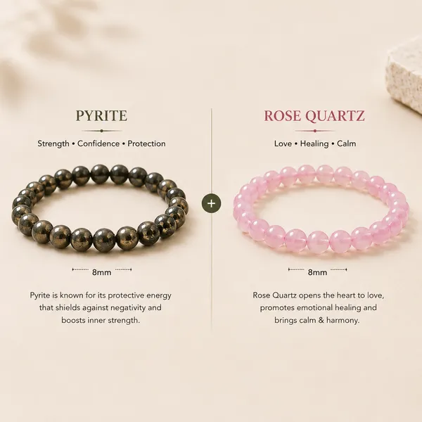 Stretchable_Pyrite_and_Rose_Quartz_gemstone_bracelet_Pack_of_2
