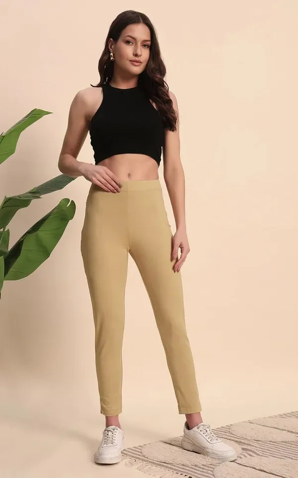 Beige_Cotton_Lycra_High_Waist_Ankle_Length_Leggings_For_Women