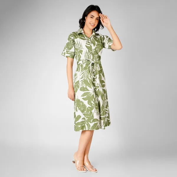 Green_Rayon_Cotton_Belted_Tropical_Leaf_Print_Shirt_Dress_For_Women