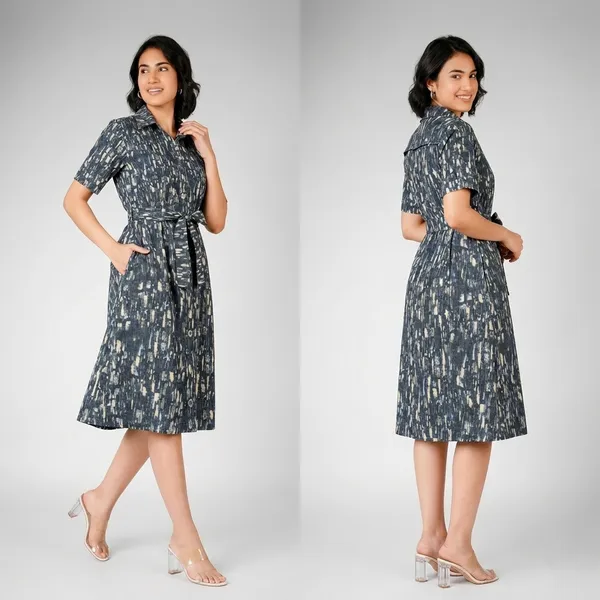 Blue_Ikat_Print_Rayon_Cotton_Belted_Shirt_Dress_For_Women