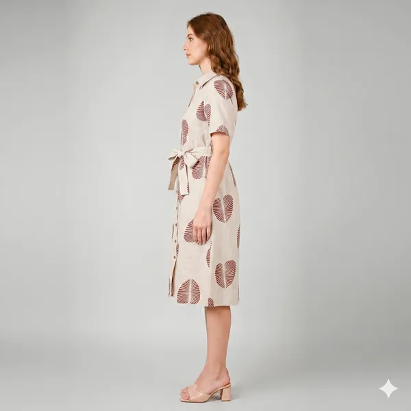 Beige_Rayon_Cotton_Relaxed_Leaf_Print_Shirt_Dress_For_Women