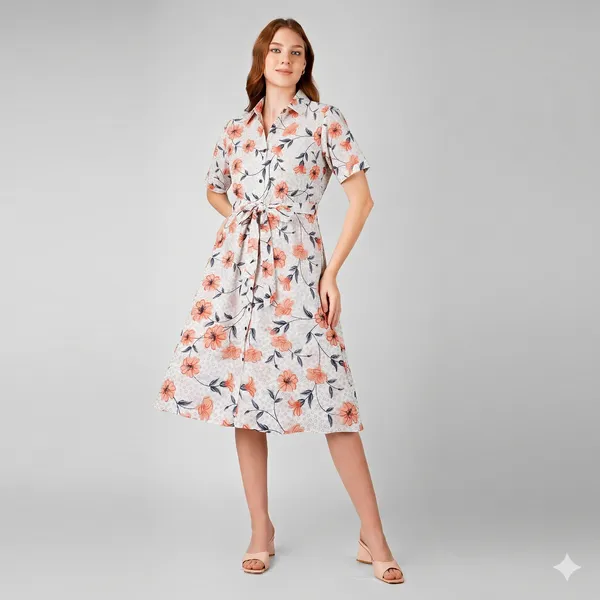 White_Rayon_Cotton_Belted_Floral_Print_Collared_Shirt_Dress_For_Women