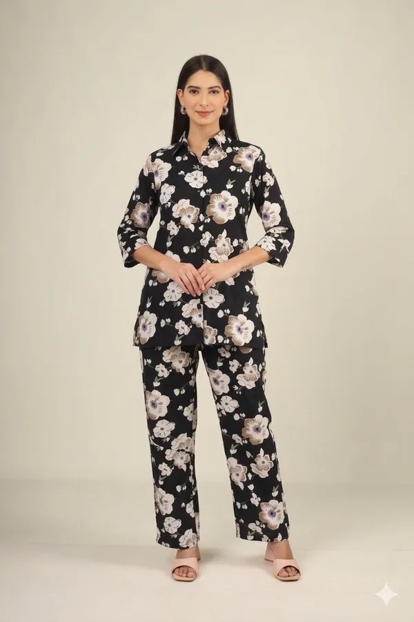 Black_Floral_Print_Rayon_Cotton_Shirt_Co-Ord_Set_For_Women