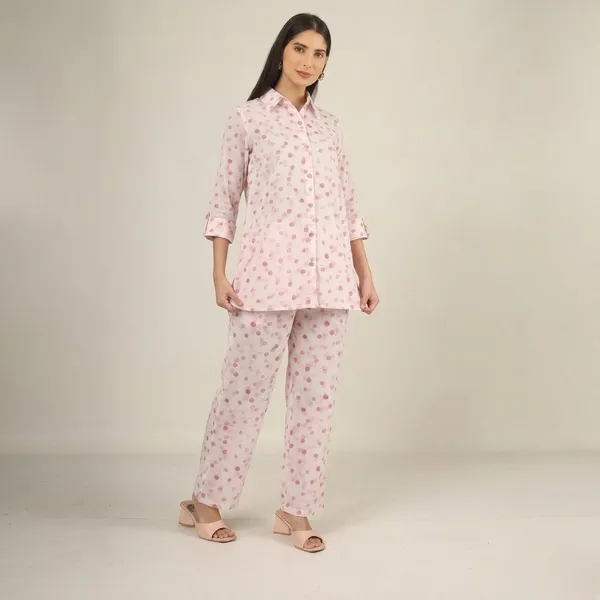 White_And_Pink_Polka_Dot_Rayon_Cotton_Collared_Night_Suit_For_Women