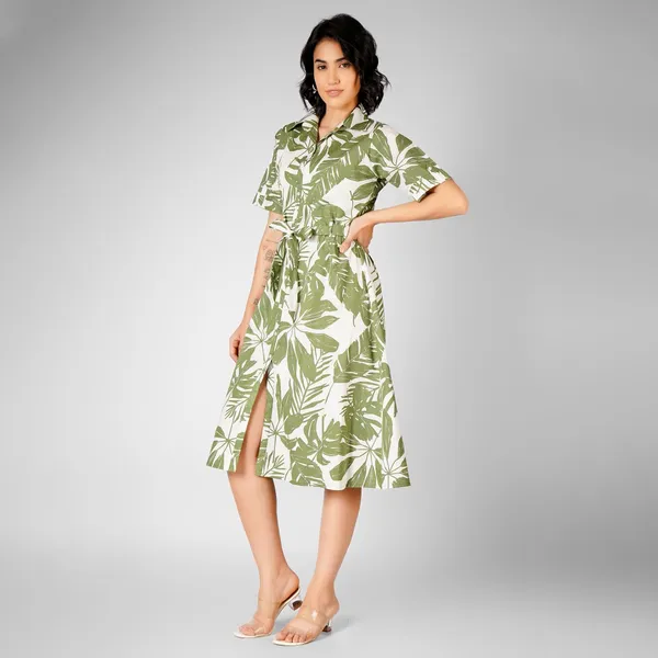 Green_Rayon_Cotton_Belted_Tropical_Leaf_Print_Shirt_Dress_For_Women