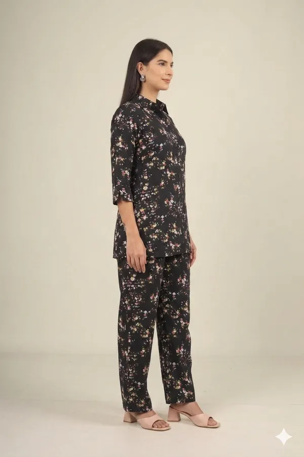 Black_Floral_Print_Rayon_Cotton_Shirt_Night_Suit_For_Women
