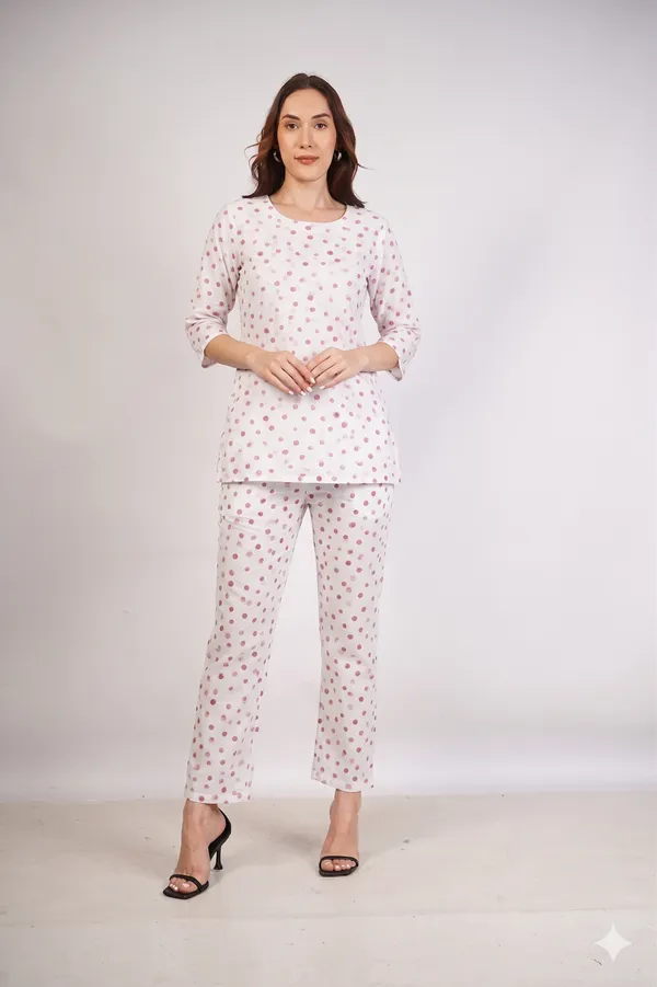 White_Polka_Dot_Rayon_Cotton_Relaxed_Night_Suit_For_Women