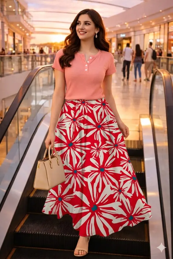 Red_And_White_Floral_Rayon_Cotton_A-Line_Maxi_Skirt_For_Women