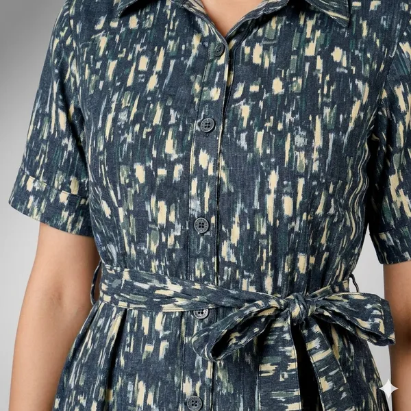 Blue_Ikat_Print_Rayon_Cotton_Belted_Shirt_Dress_For_Women
