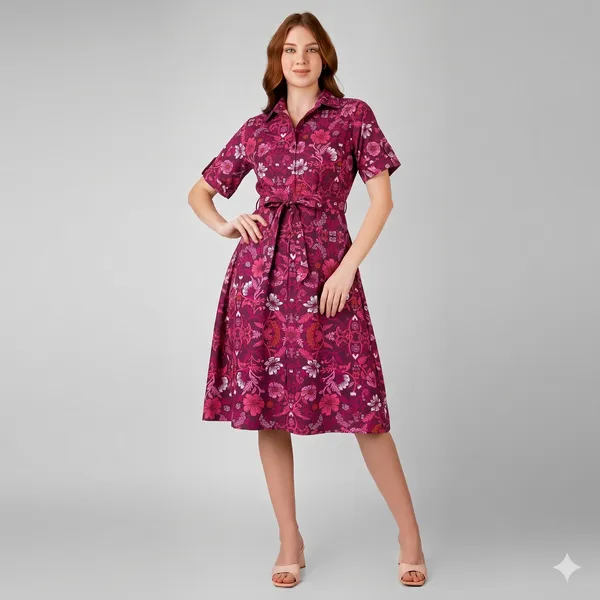 Maroon_Floral_Print_Rayon_Cotton_Belted_Shirt_Dress_For_Women
