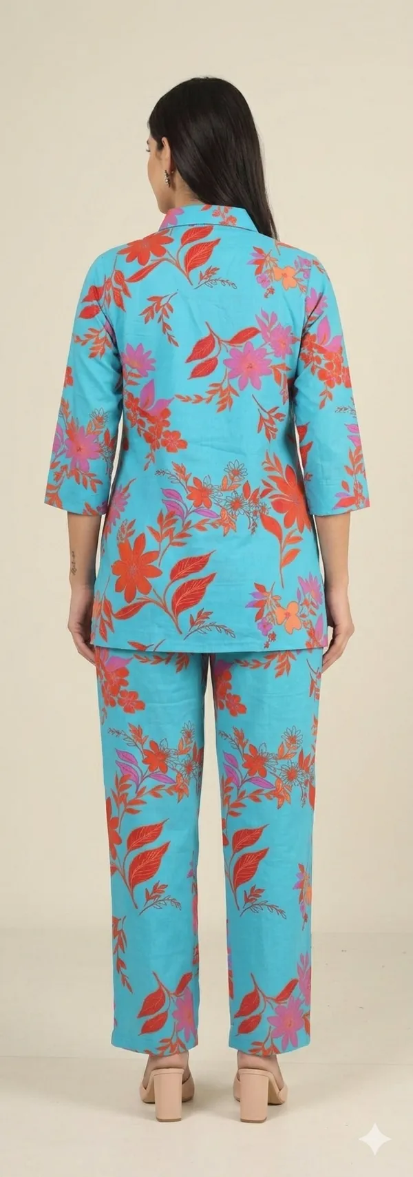 Blue_Floral_Print_Rayon_Cotton_Collared_Night_Suit_For_Women