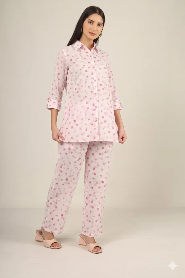 White_And_Pink_Polka_Dot_Rayon_Cotton_Collared_Night_Suit_For_Women