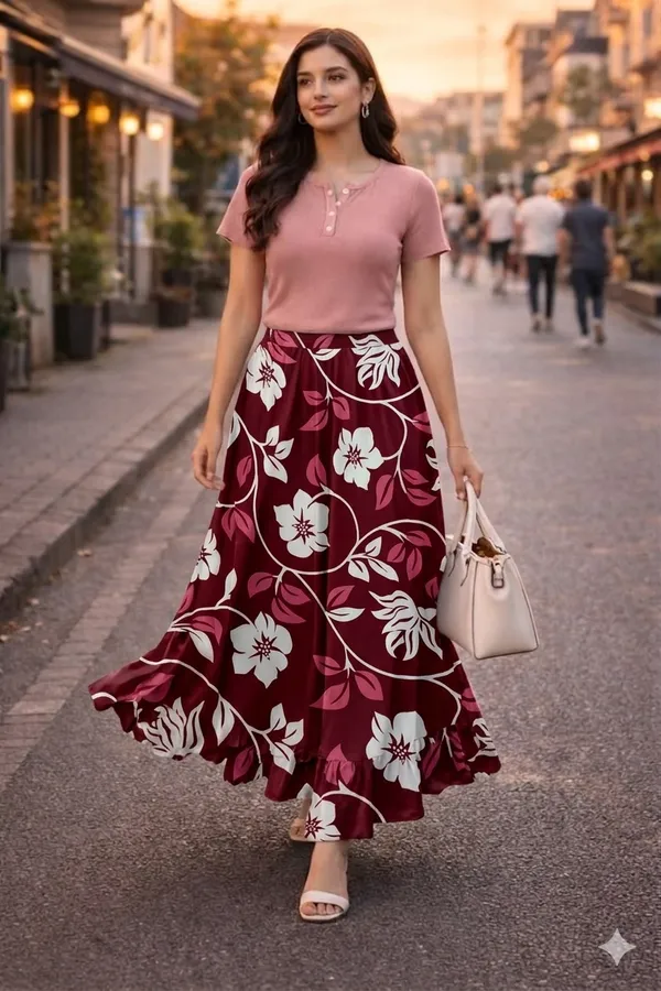 Maroon_Floral_Rayon_Cotton_A-Line_Maxi_Skirt_For_Women