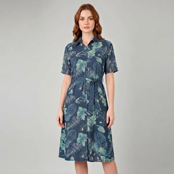 Navy_Blue_Rayon_Cotton_Belted_Botanical_Print_Shirt_Dress_For_Women
