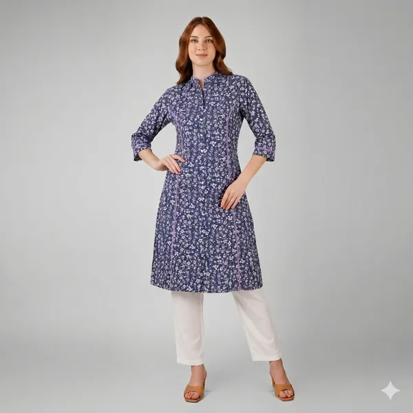 Navy_Blue_Floral_Rayon_Cotton_A-Line_Kurta_For_Women