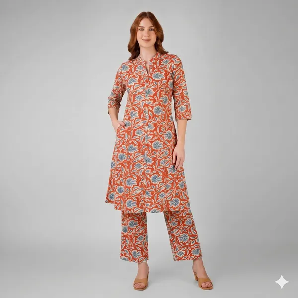 Orange_Floral_Rayon_Cotton_Straight_Kurta_Set_For_Women