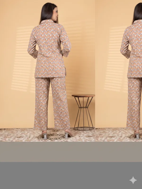 Beige_Floral_Print_Rayon_Cotton_Shirt_Night_Suit_For_Women