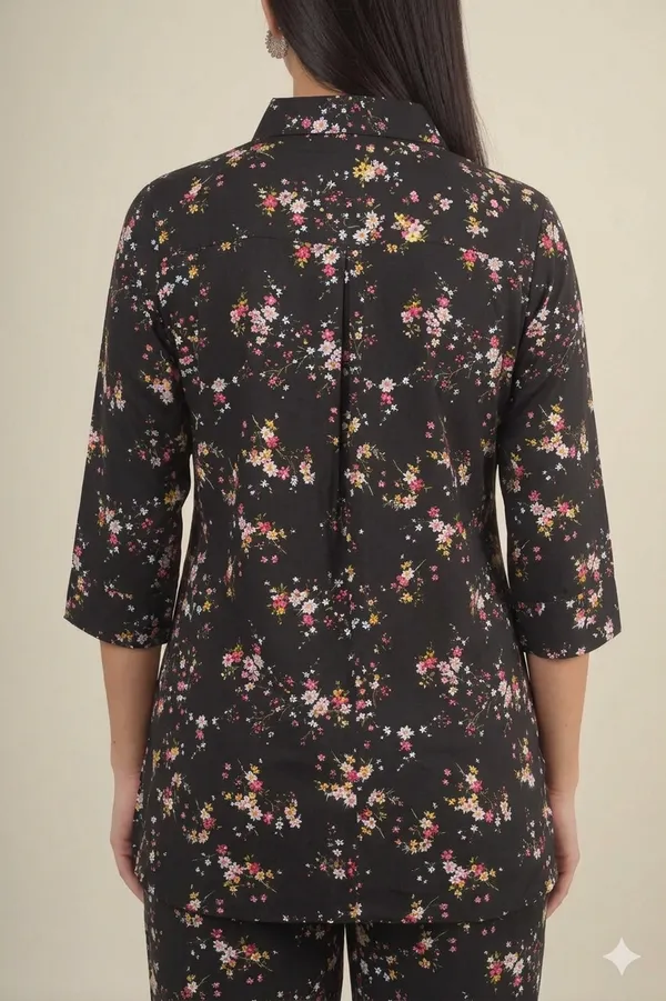 Black_Floral_Print_Rayon_Cotton_Shirt_Night_Suit_For_Women