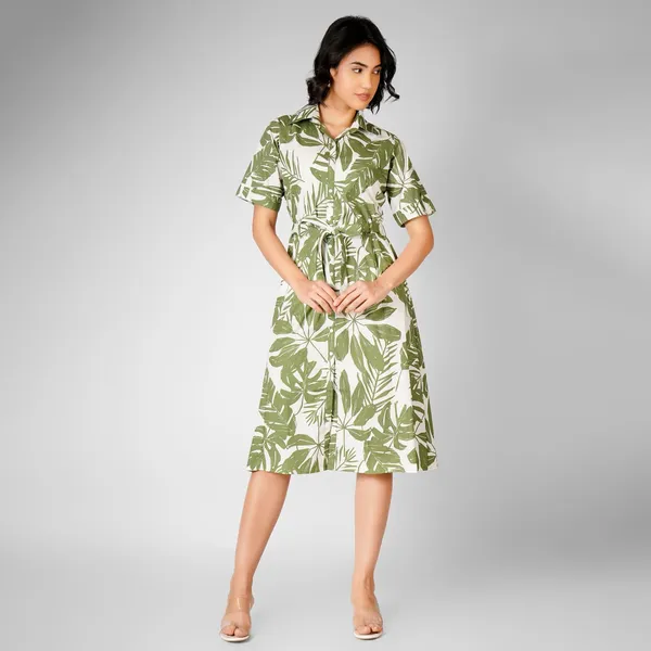 Green_Rayon_Cotton_Belted_Tropical_Leaf_Print_Shirt_Dress_For_Women