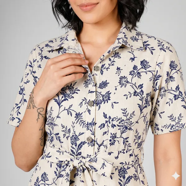 Beige_Floral_Print_Rayon_Cotton_Belted_Shirt_Dress_For_Women