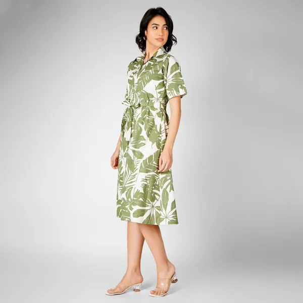 Green_Rayon_Cotton_Belted_Tropical_Leaf_Print_Shirt_Dress_For_Women
