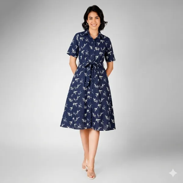 Navy_Blue_Floral_Print_Rayon_Cotton_Shirt_Dress_For_Women