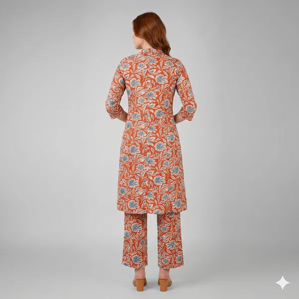 Orange_Floral_Rayon_Cotton_Straight_Kurta_Set_For_Women