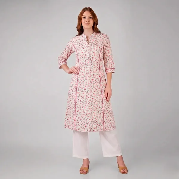 White_And_Pink_Floral_Rayon_Cotton_Straight_Kurta_For_Women