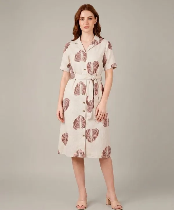 Beige_Rayon_Cotton_Relaxed_Leaf_Print_Shirt_Dress_For_Women