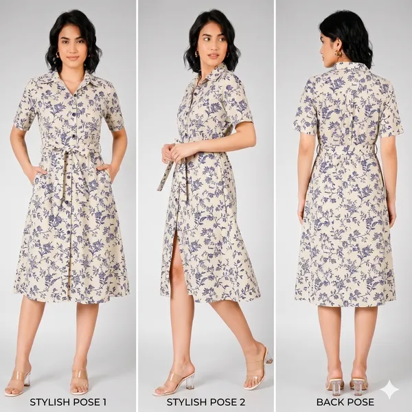 Beige_Floral_Print_Rayon_Cotton_Belted_Shirt_Dress_For_Women