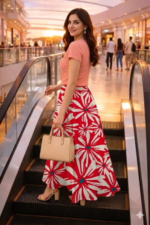 Red_And_White_Floral_Rayon_Cotton_A-Line_Maxi_Skirt_For_Women