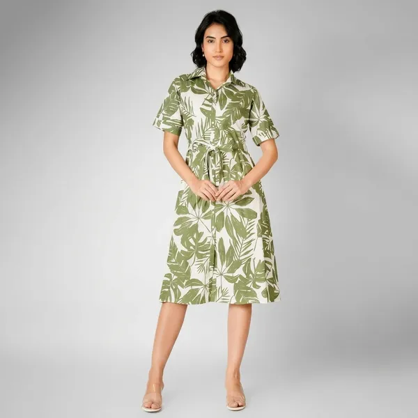 Green_Rayon_Cotton_Belted_Tropical_Leaf_Print_Shirt_Dress_For_Women