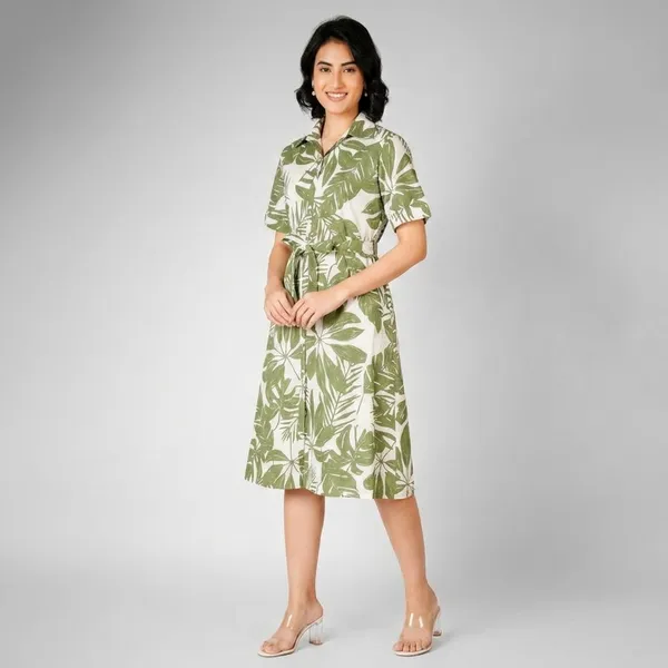 Green_Rayon_Cotton_Belted_Tropical_Leaf_Print_Shirt_Dress_For_Women