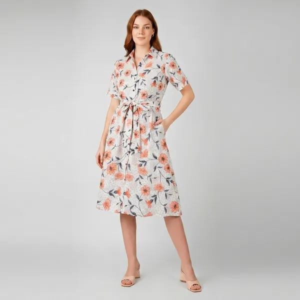 White_Rayon_Cotton_Belted_Floral_Print_Collared_Shirt_Dress_For_Women
