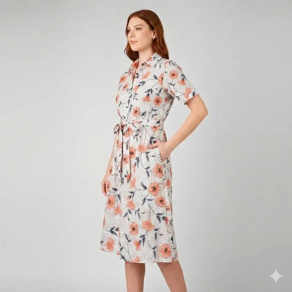 White_Rayon_Cotton_Belted_Floral_Print_Collared_Shirt_Dress_For_Women