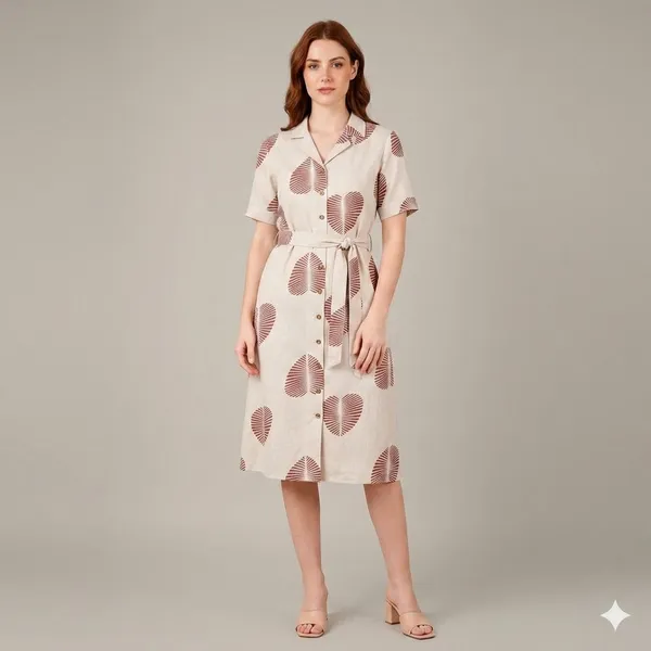 Beige_Rayon_Cotton_Relaxed_Leaf_Print_Shirt_Dress_For_Women