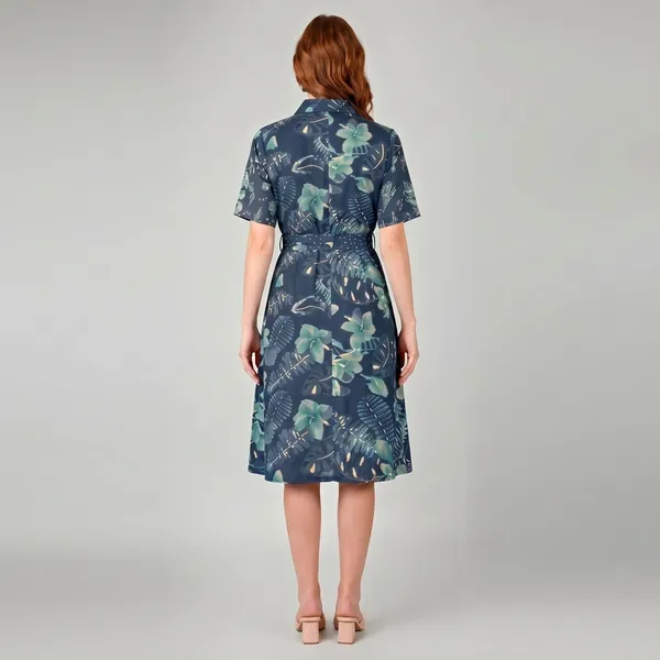 Navy_Blue_Rayon_Cotton_Belted_Botanical_Print_Shirt_Dress_For_Women
