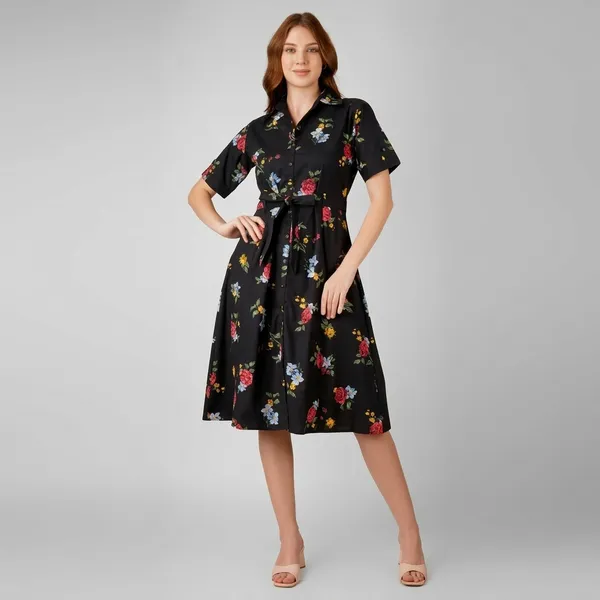 Black_Floral_Print_Rayon_Cotton_Midi_Dress_For_Women