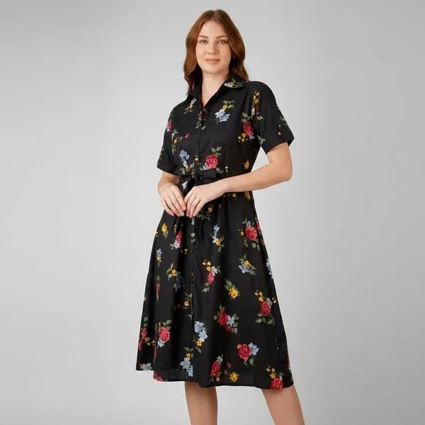 Black_Floral_Print_Rayon_Cotton_Midi_Dress_For_Women