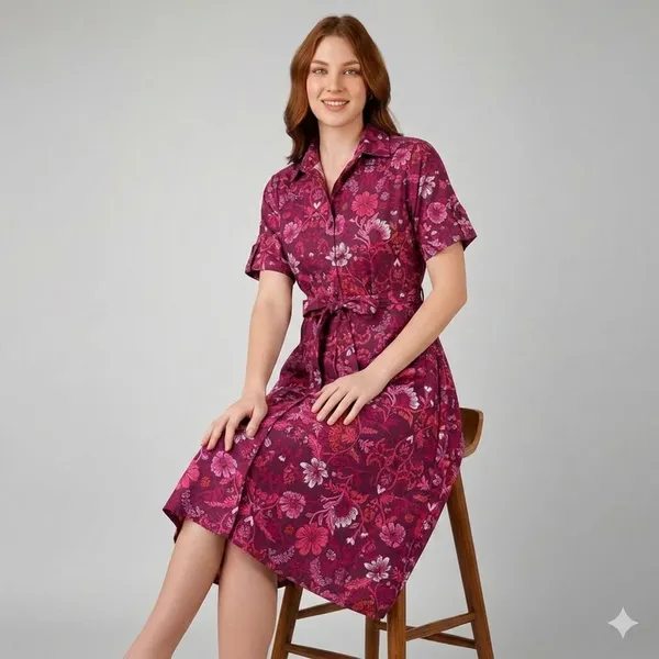 Maroon_Floral_Print_Rayon_Cotton_Belted_Shirt_Dress_For_Women