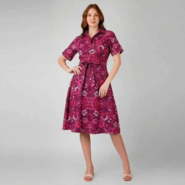 Maroon_Floral_Print_Rayon_Cotton_Belted_Shirt_Dress_For_Women