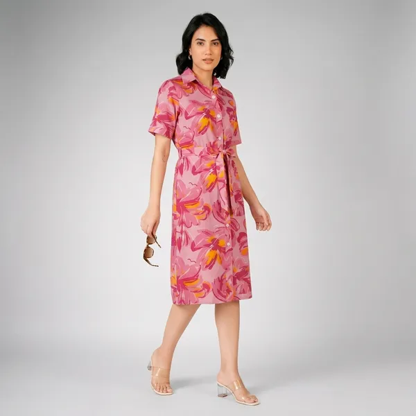 Pink_Floral_Print_Rayon_Cotton_Shirt_Dress_For_Women