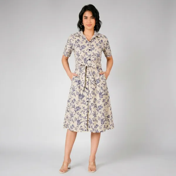 Beige_Floral_Print_Rayon_Cotton_Belted_Shirt_Dress_For_Women