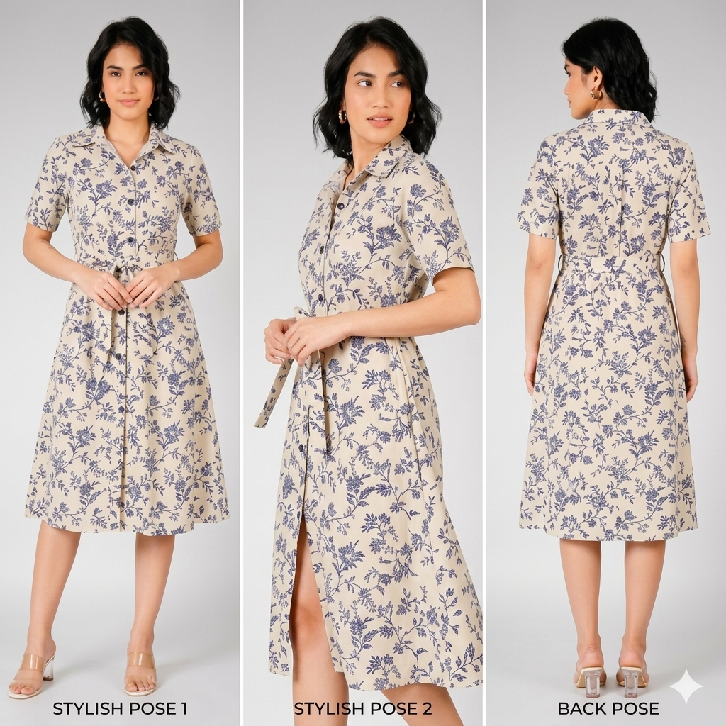 Beige_Floral_Print_Rayon_Cotton_Belted_Shirt_Dress_For_Women